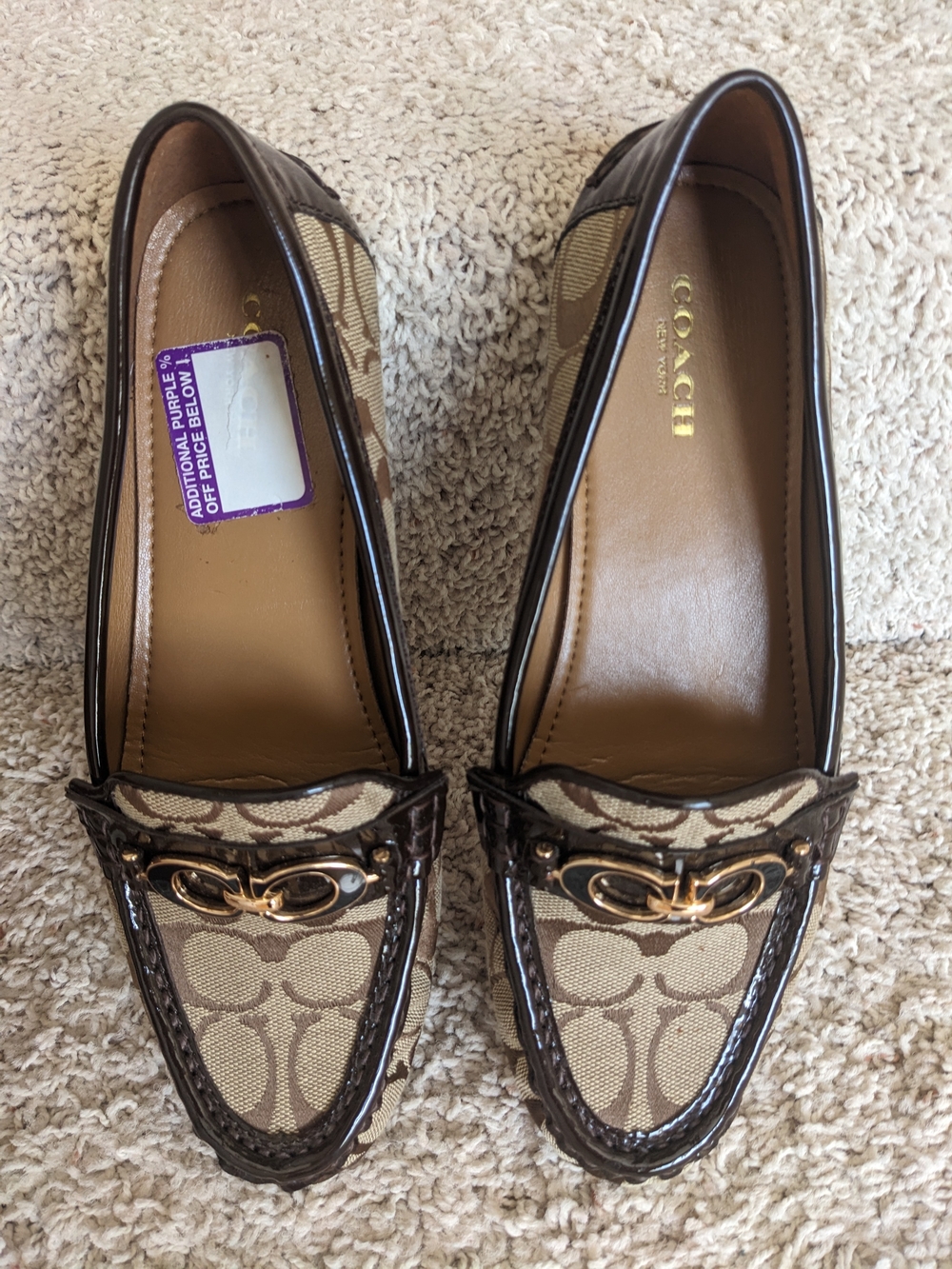 Coach Tan & Dark Brown Signature Canvas Loafers with Gold Accent